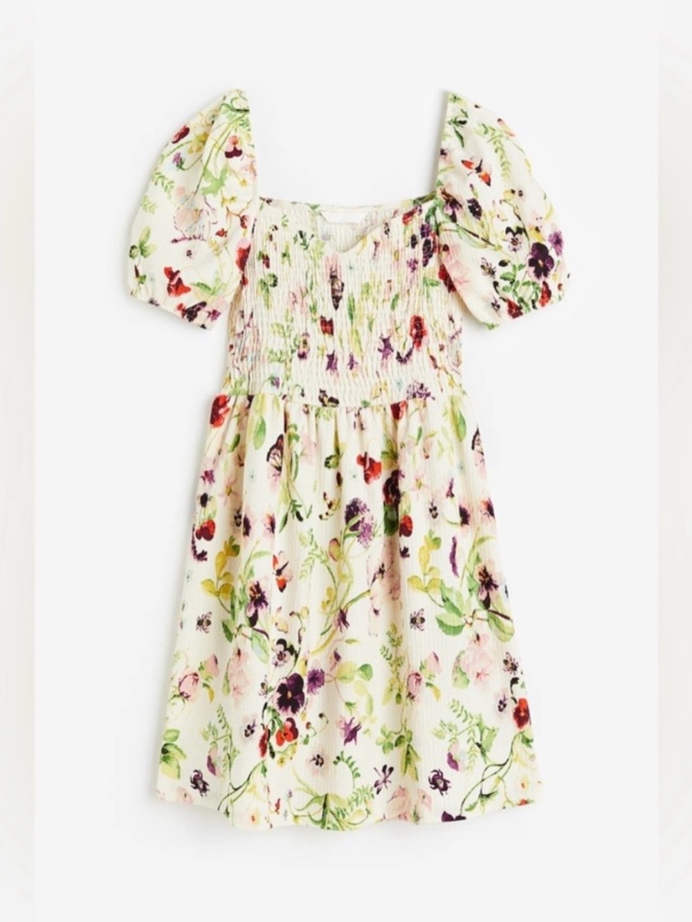 H&M| Cream Spring Floral Smocked Puff-Sleeve Above Knee Dress Sz XS